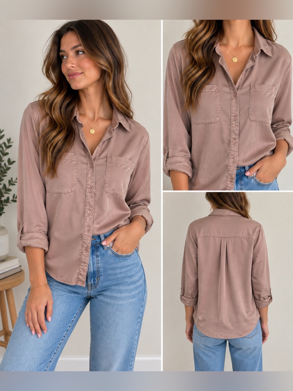Bella Dahl 100% Tencel Button Down Blouse | Mauve Taupe | Size Small